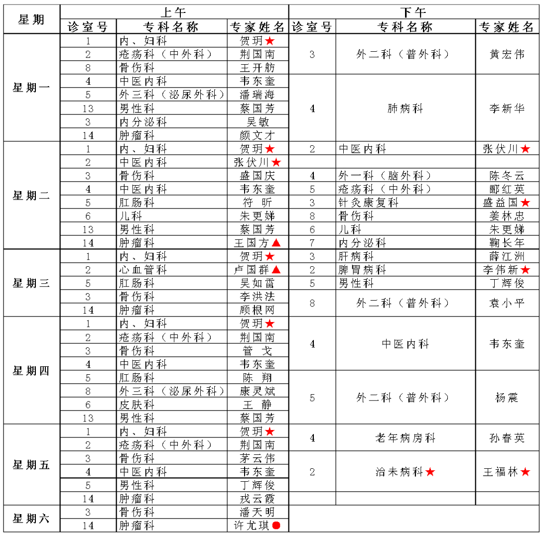 外请专家坐诊时间表