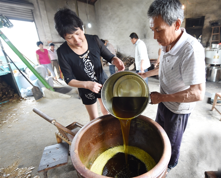 沉淀去杂质热闹的榨油坊刚出炉的菜籽油机器榨油把菜籽倒入炒制炉