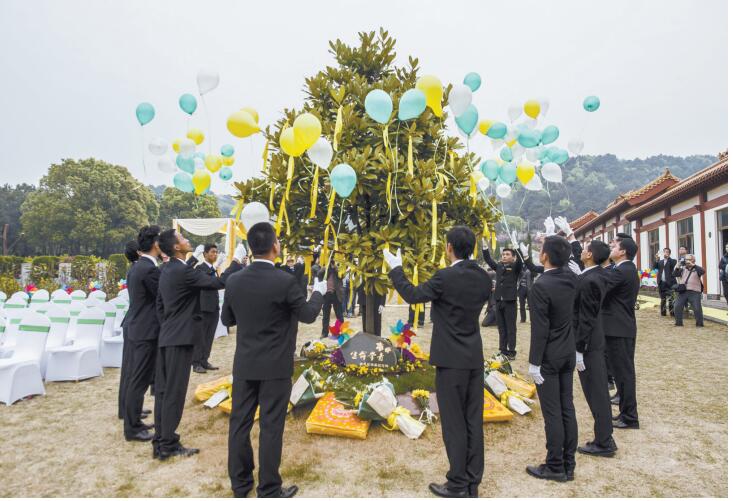 3月29日,安葬礼仪师环绕着绿树墓穴,放飞气球,祭奠逝者.