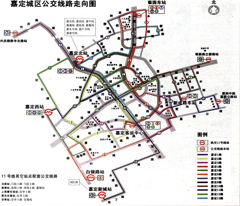 嘉定城区公交线路走向图今年年底,轨道交通11号线将开通试运行