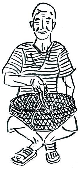 6,提手装配5,打孔4,缠口3,围栏2,编底1,劈篾王全林竹编图     周祺/绘