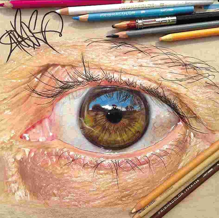一名19岁的男孩用彩色铅笔和圆珠笔画出一系列美丽且超逼真的眼睛