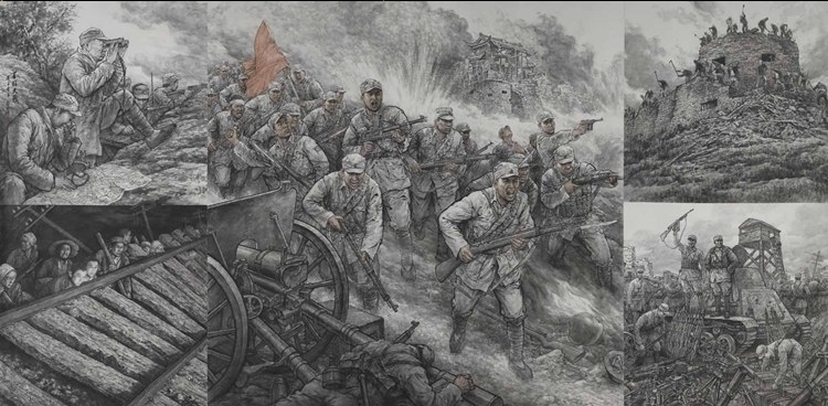 《平型关大捷》窦鸿油画 300cm×600cm《梅岭寒夜》张树军,冯翼油画